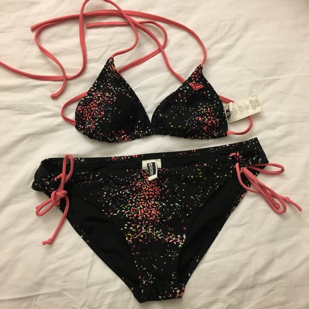 Roxy Black Bikini with Pink Tie Straps and Multicolor Confetti Print